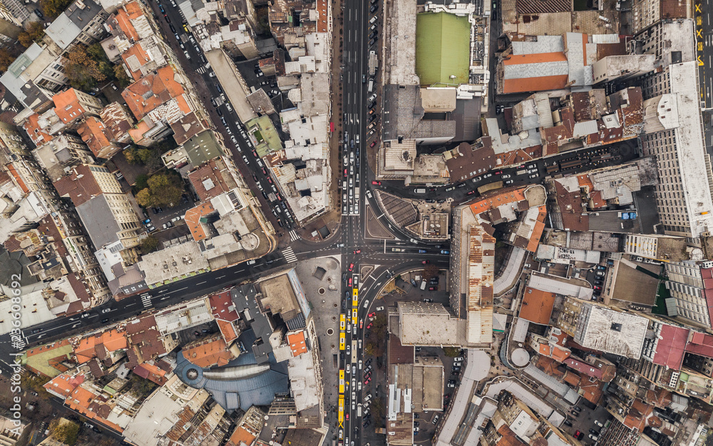 Top view of streets with car traffic in Belgrade