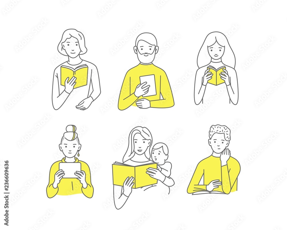 People read, students with books, different people, vector doodle design People read, students with books, different people, vector doodle design