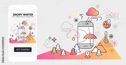 Weather line illustration splash app screen mobile mockup
