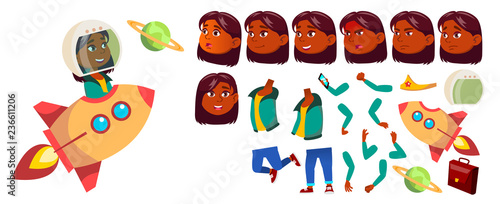 Indian, Hindu Girl Vector. School Child. Animation Creation Set. Face Emotions, Gestures. Dream, Solution, Idea. For Presentation, Invitation, Card Design. Animated. Illustration