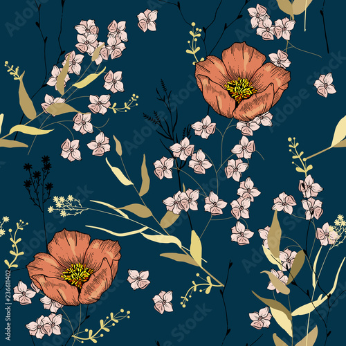 Vintage background. Wallpaper.  Hand drawn. Vector illustration. Trendy floral pattern. Isolated seamless pattern.
