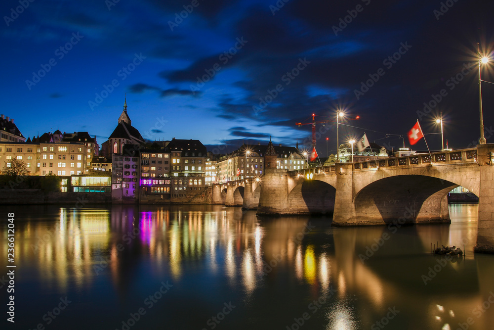 Fototapeta premium Middle bridge over the river Rhine in Basel, Switzerland