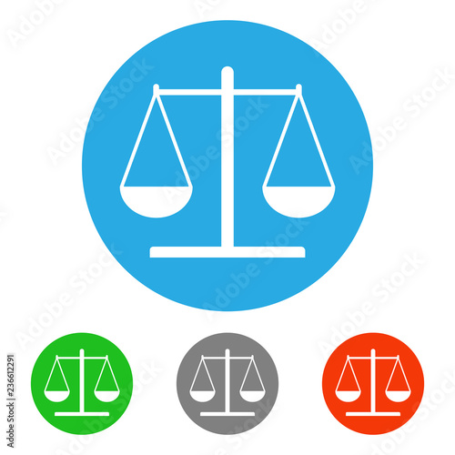 Scales of justice in circle. Law symbol. Icon set. Vector.