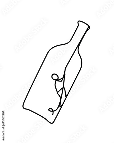 Illustration of a man in a bottle. Vector. The little man is trying to get out of the bottle. The fight against alcohol. Anonymous alcoholics club. Heavy burden. New life. Metaphor. Contour picture. A