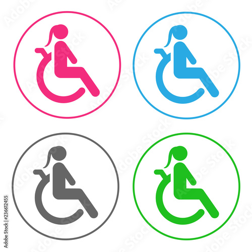 Handicapped girl. Icon set. Vector.