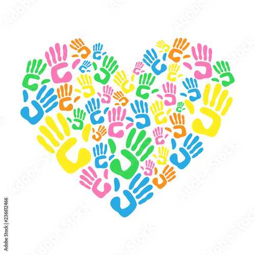 Heart made from children handprints. Philanthropy concept. Vector illustration.