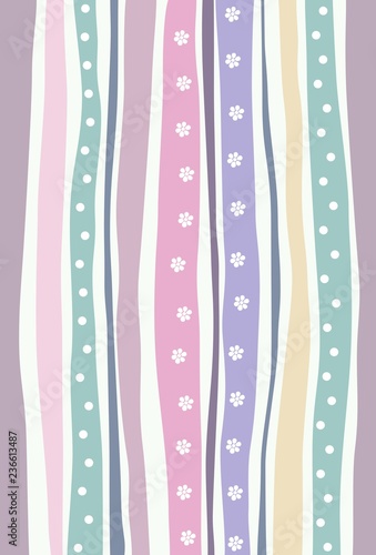 Horizontal seamless pattern with colorful stripes. Pastel colored background with flowers and dots