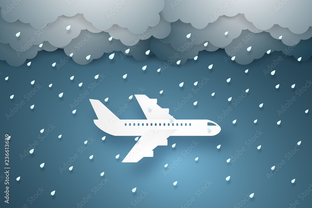 Airplane flying through a heavy rain , paper art style Airplane flying through a heavy rain , paper art style