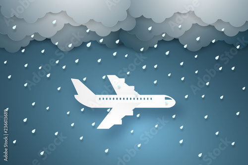 Airplane flying through a heavy rain , paper art style
