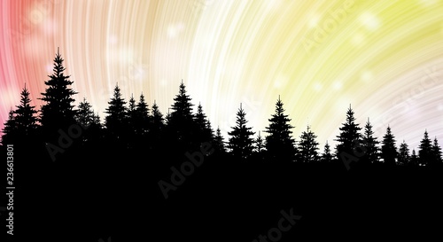 Winter forest woodland landscape silhouette and colored sky with snow shimmering