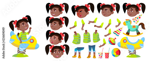 Girl Kindergarten Kid Vector. Animation Creation Set. Black. Afro American. Emotions, Gestures. Baby Expression. For Presentation, Print, Invitation Design. Animated. Isolated Cartoon Illustration