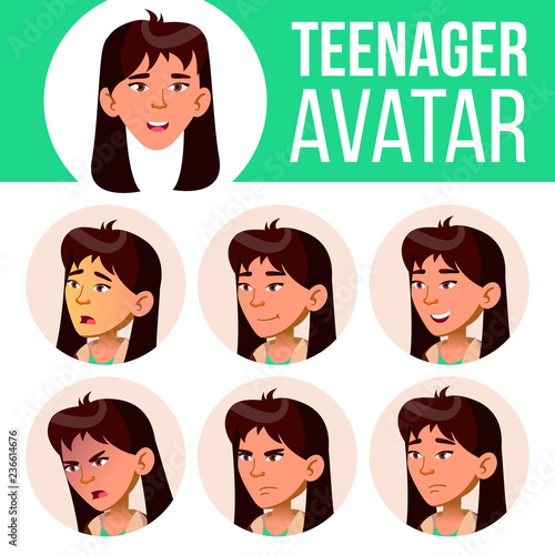 Asian Teen Girl Avatar Set Vector. Face Emotions. Facial, People. Active, Joy. Cartoon Head Illustration