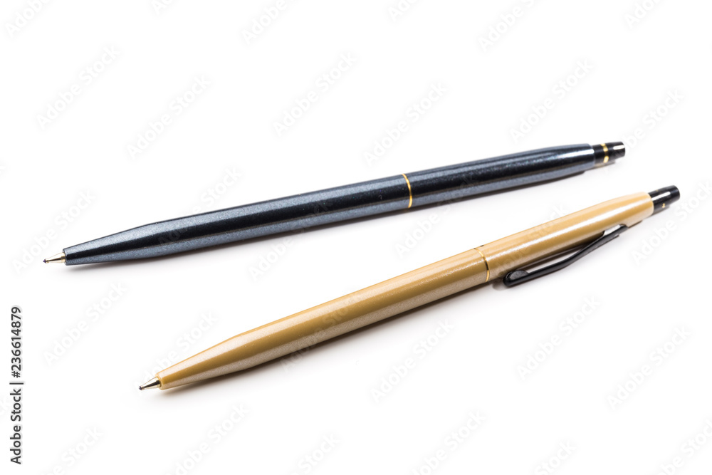 pair of two pens isolated on white background, close up pair of two pens isolated on white background, close up