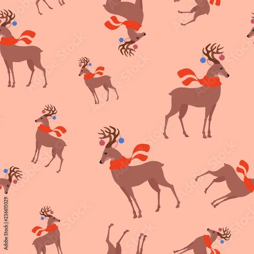 Seamless childish pattern with cute deer in the scarf. Creative kids texture for fabric, wrapping, textile, wallpaper, apparel.