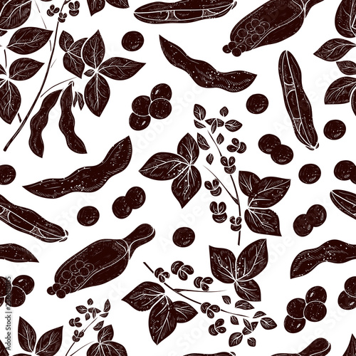 Soy. Plant. Stem, flower, leaf, fruit, pod, scoop. Monophonic. Background, wallpaper, seamless, texture. Black silhouette on white background.