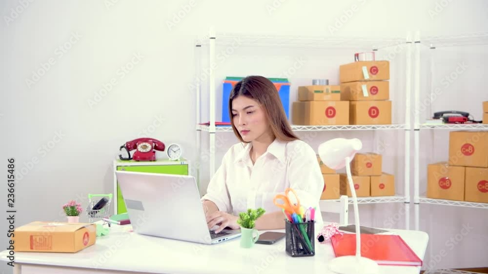 Young woman with online business working using laptop and check shipping packages Young woman with online business working using laptop and check shipping packages