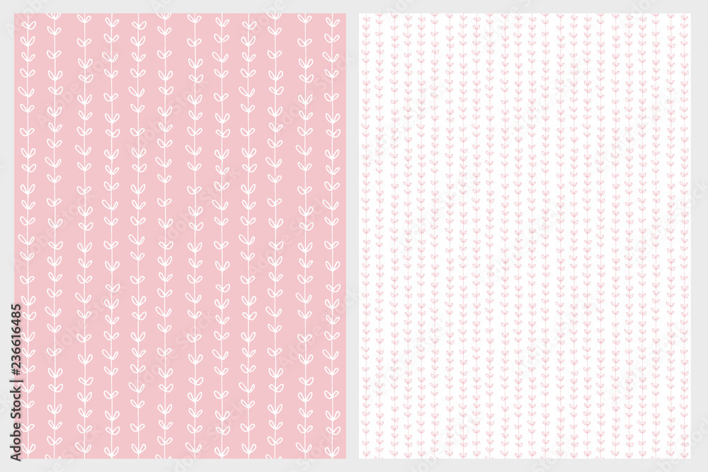 Cute Floral Twigs Repeatable Vector Patterns. Pink and White Twigs and Leaves. Light Pink and White Background. Pastel Color Design. Lovely Hand Drawn Sprigs Illustration. Twigs of Line Shape. Cute Floral Twigs Repeatable Vector Patterns. Pink and White Twigs and Leaves. Light Pink and White Background. Pastel Color Design. Lovely Hand Drawn Sprigs Illustration. Twigs of Line Shape.