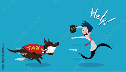 Businessman carrying dollar and run away the dog in shirt tax, vector cartoon