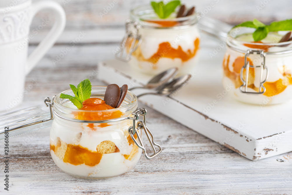 Trifle with apricot jam and cream
