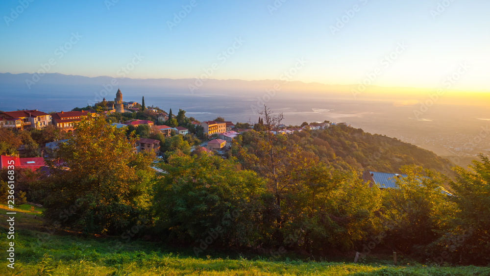 Signagi or Sighnaghi city in Kakheti region in Georgia, sunrise in Sighnaghi