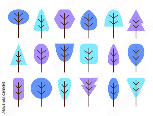 Simple geometric trees symbols. Flat icon set of blue winter forest plants. Natural park signs. Isolated object © Milta
