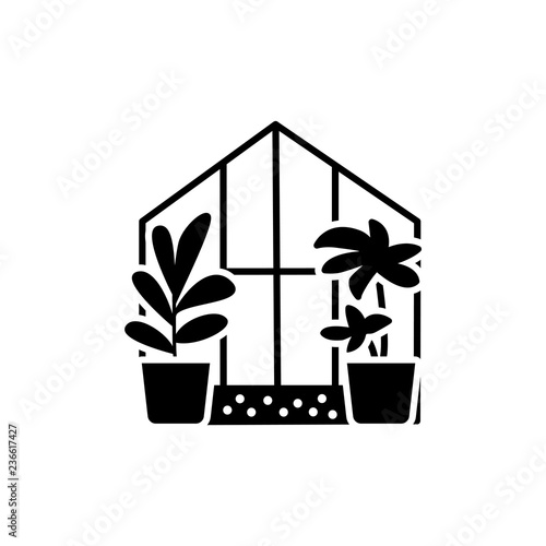 Black & white vector illustration of glass conservatory with decorative home plants in containers. Flat icon of indoor sunroom with  potted houseplants. Isolated object