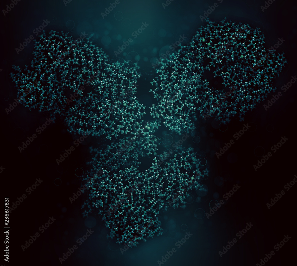 IgG1 monoclonal antibody (immunoglobulin). Many biotech drugs are antibodies. 3D rendering based on protein data bank entry 1igy. Ball-and-stick model, black background. IgG1 monoclonal antibody (immunoglobulin). Many biotech drugs are antibodies. 3D rendering based on protein data bank entry 1igy. Ball-and-stick model, black background.