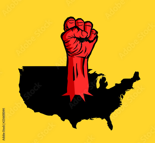 Raised and clenched fist in the United states of America - violent revolution, uprising and unrest in USA. Vector illustration