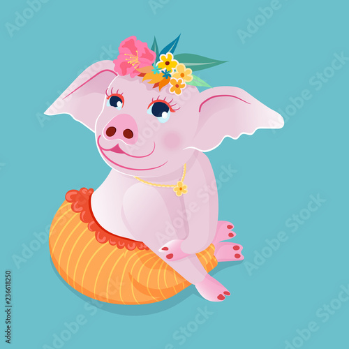Cute pig sit squat on the floor in a polite attitude,wearing necklace and decorate flower on head, on blue background.