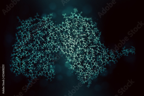 Interferon beta protein. Cytokine used to treat multiple sclerosis (MS). 3D rendering based on protein data bank entry 1au1. Ball-and-stick model, black background.