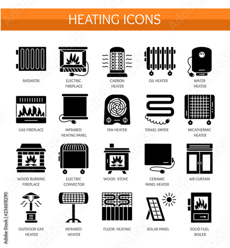 Vector flat icon set with radiator, convector and fireplace. Home heating equipment. Different gas, oil & electric heaters. Solar panel. Wood stove. Isolated objects on white background