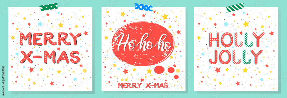 Christmas and New Year typography.Set of holidays cards with greetings,snowflakes and stars.Seasons greetings perfect for prints, flyers,cards,invitations and more.Vector holidays illustrations.