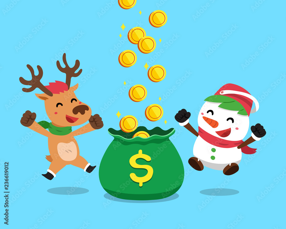 Vector cartoon christmas snowman and reindeer earning money Vector cartoon christmas snowman and reindeer earning money