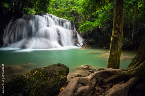 Huay mae khamin waterfall  this cascade is emerald green and popular in Kanchanaburi province  Thailand.