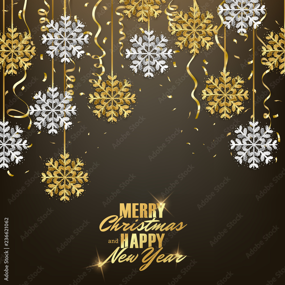 Glitter gold and silver snowflakes decoration, Merry Christmas Happy New Year background, vector illustration Glitter gold and silver snowflakes decoration, Merry Christmas Happy New Year background, vector illustration