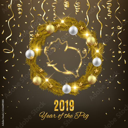 Happy New Year of the pig 2019 cute animal symbol decorative postcard, vector illustration