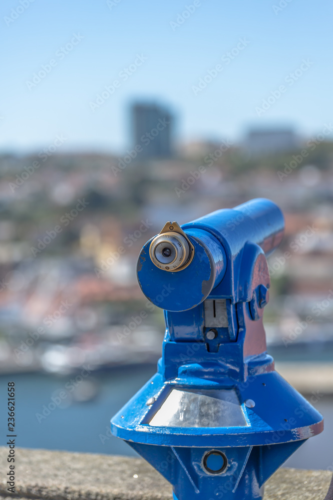 Oporto/Portugal - 10/02/2018 :Detailed view of a public blue monocle, blurred city and blue sky as background