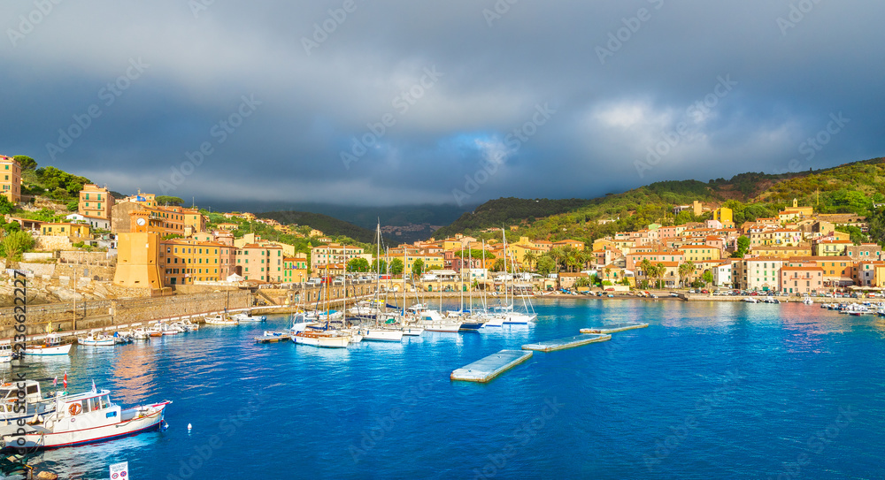 View of Rio Marina village and harbour, Elba islands, Tuscany, Italy