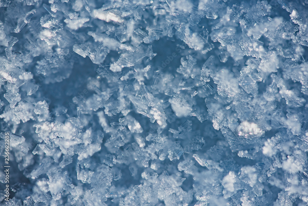 Abstract winter background. Snowflakes and snow crystals close up, macro
