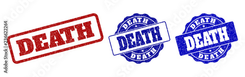 DEATH grunge stamp seals in red and blue colors. Vector DEATH labels with draft texture. Graphic elements are rounded rectangles, rosettes, circles and text labels.
