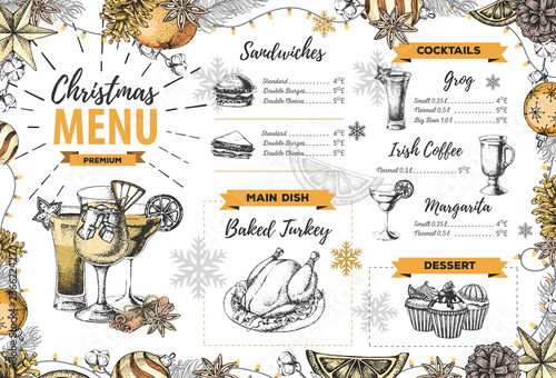 Hand drawing Christmas holiday menu design. Restaurant menu