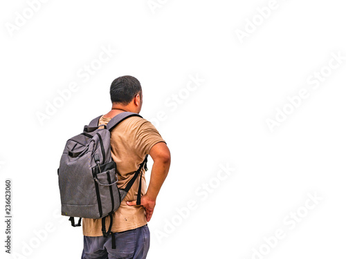 Asian fat backpacker on isolated background.