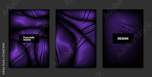 Fototapeta Naklejka Na Ścianę i Meble -  Wave. Abstract Geometry. Cover Design Templates Set with 3d Effect. Vibrant Gradient with Wavy Lines. Trendy Purple Futuristic Illustration with Distortion. Vector Wave for Brochure, Business, Poster.