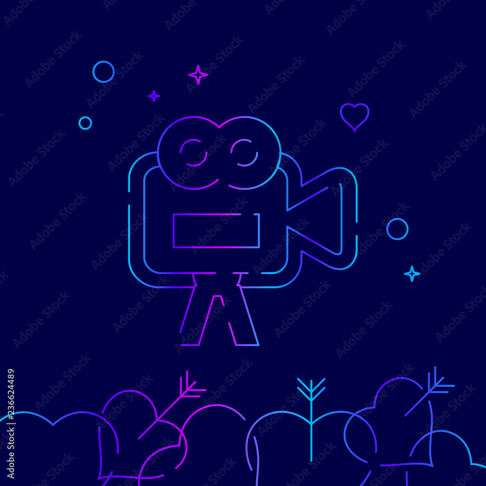 Videocamera, Camcorder Vector Line Icon. Wedding Videography Gradient Symbol, Pictogram, Sign. Dark Blue Background. Light Abstract Geometric Background. Related Bottom Border