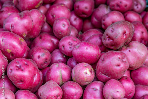 An abundance of red skinned potatoes for sale at a farmer's market