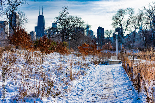 Snow Covered Trail in Lincoln Park Chicago with Skyline © James