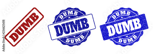 DUMB grunge stamp seals in red and blue colors. Vector DUMB labels with scratced texture. Graphic elements are rounded rectangles, rosettes, circles and text tags.