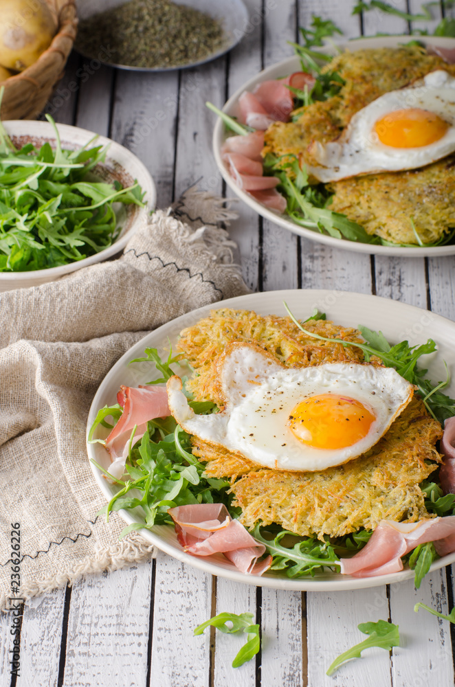 Potato pancakes with eggs and ham Potato pancakes with eggs and ham