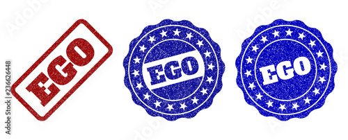 EGO grunge stamp seals in red and blue colors. Vector EGO signs with grunge texture. Graphic elements are rounded rectangles, rosettes, circles and text titles. Designed for rubber stamp imitations.