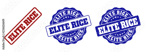 ELITE RICE grunge stamp seals in red and blue colors. Vector ELITE RICE overlays with grunge texture. Graphic elements are rounded rectangles, rosettes, circles and text tags.
